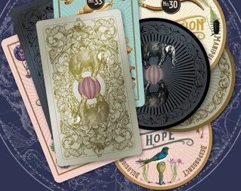 May include: A set of tarot cards with intricate designs and illustrations. The cards feature a variety of themes, including synchronicity, assessment, hope, and despondency. Each card has a unique number and title.