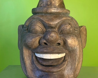 Huge! Handcarved Wood Vintage Retro Clown Head