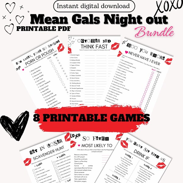 Mean Gals printable party games, Party games, girls night, bachelorette party, printable partys, games bundle, party trivia ,birthday party
