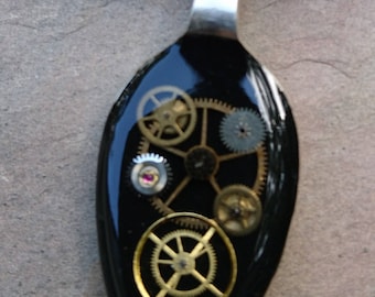 vintage epns resin spoon pendants with antique watch parts / black contrast