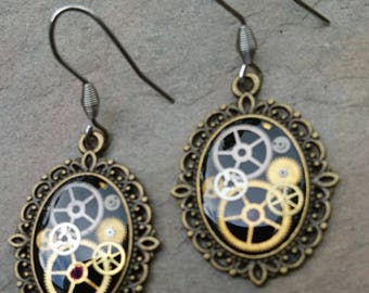 steampunk watch cog resin drop earrings in bronze alloy or silverplate