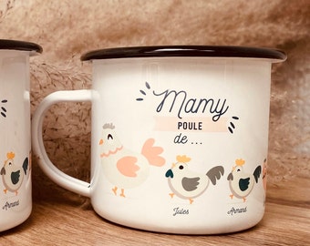 Tasse mamy personnalisée prénoms petits enfants | mug émaillé rétro en métal | cadeau original pour grand-mère | Fête des mères