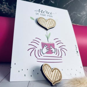 Carte merci maîtresse avec pins bois cœur – Cadeau fin d’année scolaire original – Carte remerciement nounou, atsem, puéricultrice