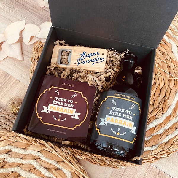 Coffret bière demande parrain - Veux tu être mon parrain?  - Étiquette bouteille - coffret cadeau demande - Naissance