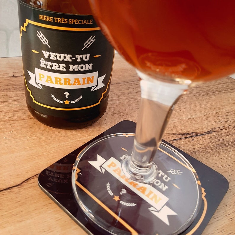 Kit bière demande parrain Sous-verre & étiquette bouteille de bière parrain Veux tu être mon parrain sous bock en liège image 2