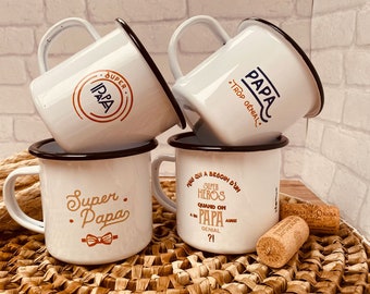 Tasse papa - papou - papy - beau-père | mug émaillé rétro en métal | cadeau original pour papa, grand-père - fete des peres