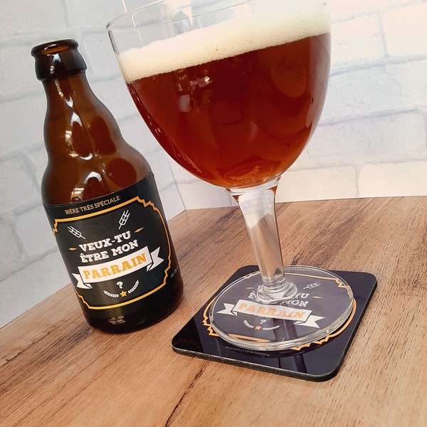 Kit bière demande parrain - Sous-verre & étiquette bouteille de bière parrain - Veux tu être mon parrain? - sous bock en liège