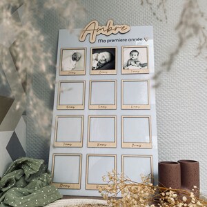 Foto's van het eerste jaar van de baby | baby's 1e jaar souvenir cadeau met voornaam | gepersonaliseerd plexi- en houten paneel | geboorte