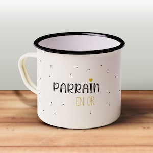 Patengeschenk Retro-Emaille-Tasse aus Metall – personalisierter Vorname des Kindes – individuelle Gestaltung der Rückseite