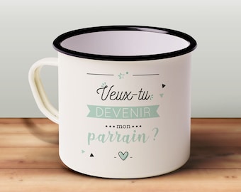 Request for godfather on retro enameled metal mug - pregnancy announcement for a friend, brother