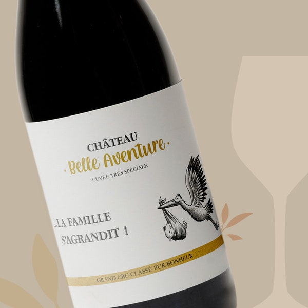 Etiquette bouteille de vin La famille s'agrandit - parrain - grand-père - Veux tu être mon parrain? - Tu vas être grand-père - Cigogne