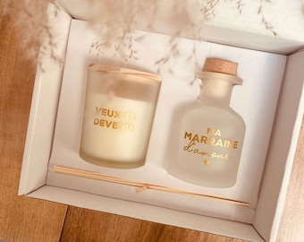 Coffret cadeau demande marraine - boite cadeau luxe bougie diffuseur parfum - marraine - idée cadeau Noël - annonce grossesse