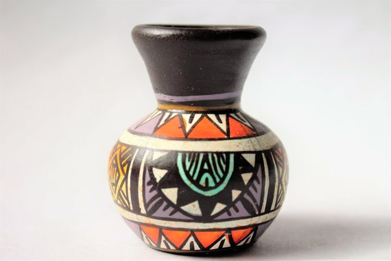Miniature Clay Jar Flower Vase Geometric Sunray Painted Etsy