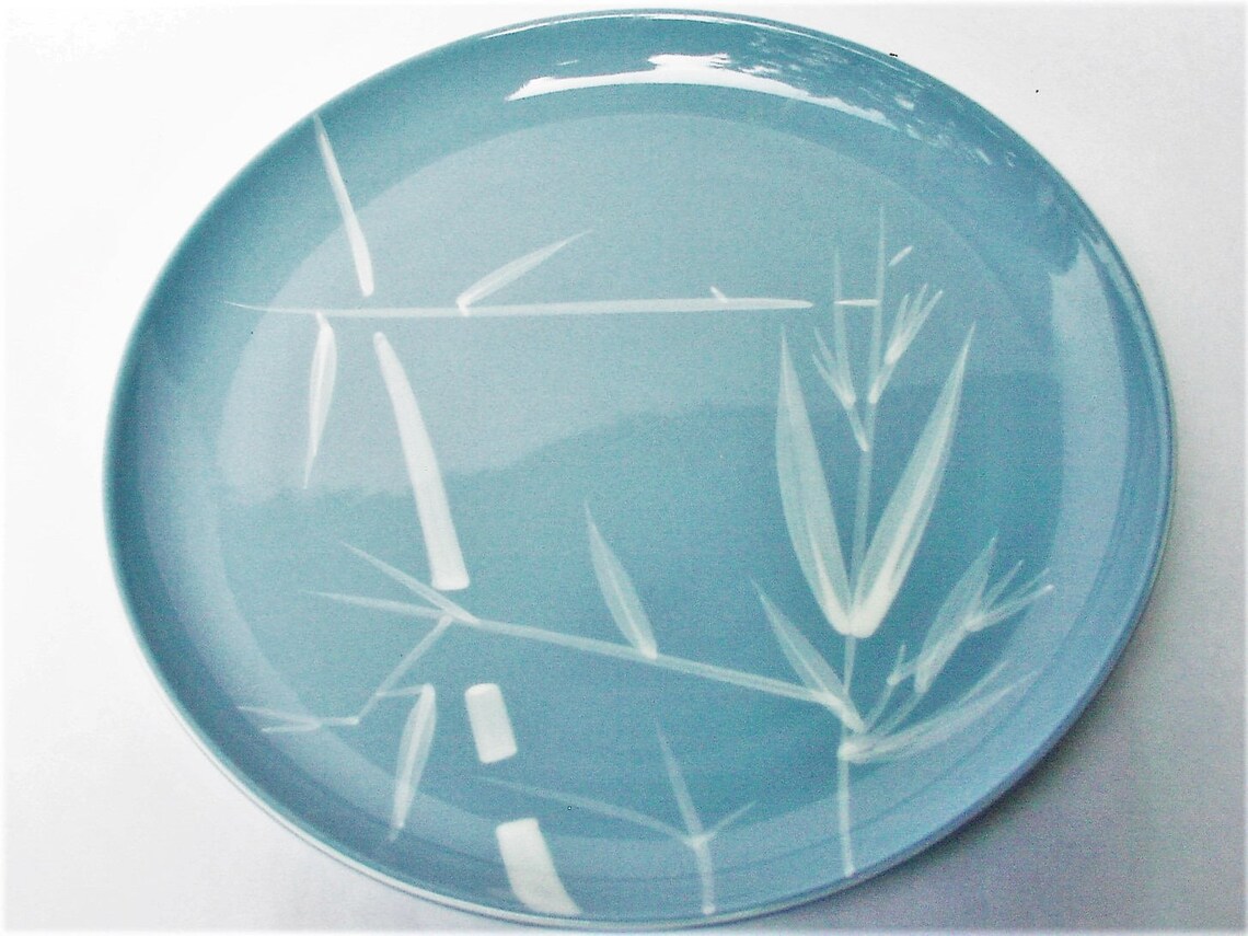 MidCentury Handpainted Bamboo Design Dinner Plate in Blue Etsy