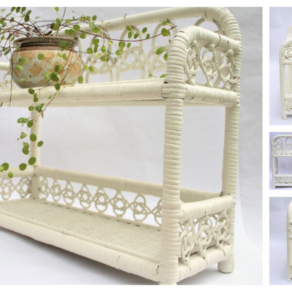 Wicker Wall Organizer, White Bamboo BOHO Retro Pacific Beach Decor Basket/Small Rack Bin Shelf Bath Bathroom Kitchen Storage Shelving 18x15"