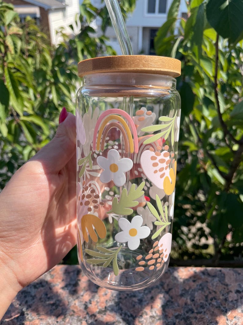 Rainbow and Flowers Design Glass Cup With Bamboo Lid and Glass Straw ...