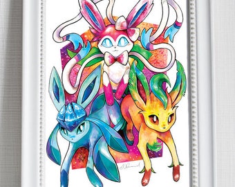 Eeveelutions - Sylveon, Glaceon and Leafeon - Water colour painting - Print