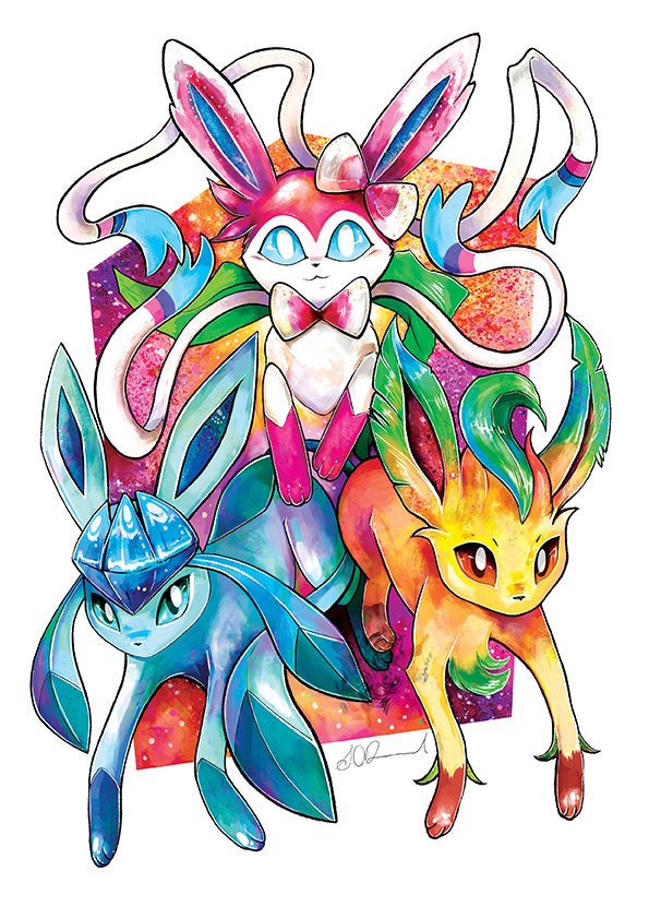 Eeveelutions Sylveon Glaceon und Leafeon Aquarell Druck Etsy