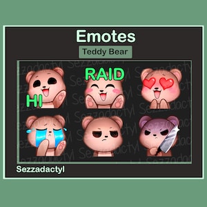 Teddy Bear Emotes - Set of Six - RAID and HI Text Emotes - Twitch, Discord, Kick, Streaming Emote for your live stream - cute, chibi, emoji