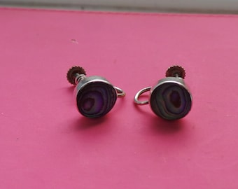 Vintage Sterling Silver Abalone Shell Clip On Earrings