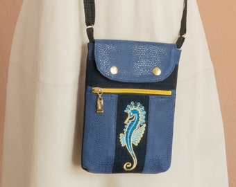 IPhone bag for Women, Cell phone Crossbody purse with three pockets, Blue Faux Suede - Snake / Denim