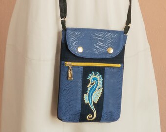 Blue Faux Suede Cell Phone Crossbody Bag, Snake Denim