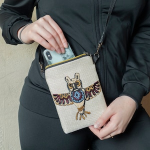 Owl Cell phone purse with two zipper, Small crossbody bag for Women