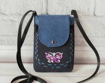 Cell phone Crossbody purse, Small Iphone bag for Women, Blue Faux Suede - Snake / Denim