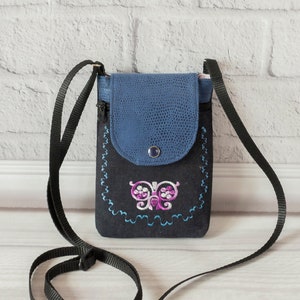 Cell phone Crossbody purse, Small Iphone bag for Women, Blue Faux Suede - Snake / Denim
