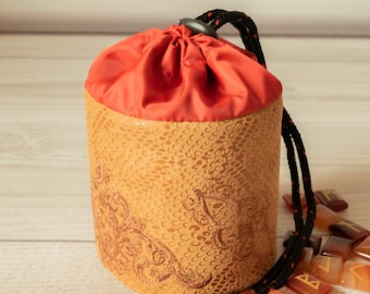 Faux Suede Runes Bag: Brown Snake Print Drawstring Pouch