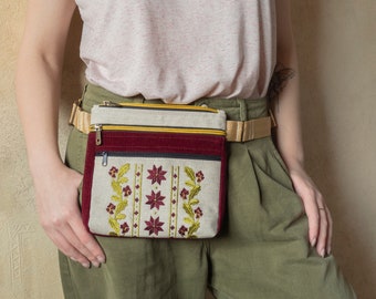 Waist bag with three zippers for women, Velvet & Linen Fanny pack for cell phone