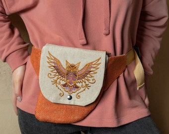 Designer Waist bag with Owl, Linen Fanny pack for women, Rustic Belt cell phone purse Two zippers