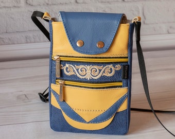 Women's Crossbody purse for Cell phone, Small Smartphone Shoulder Strap bag with three-compartment, Blue Faux Suede Snake / Yellow Leather