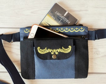 Sac banane bohème pour femme, sac banane bleu avec deux fermetures à glissière, porte-monnaie design pour téléphone portable