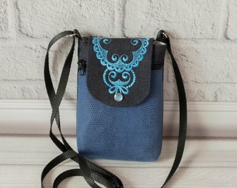 Blue Cell phone Crossbody purse, Small Iphone bag for Women, Faux Suede - Snake / Denim