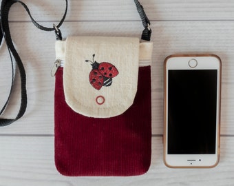 Cell phone Crossbody purse, Ladybug Iphone bag for Women, Corduroy / Linen purse