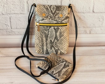 Leatherette Crossbody Cell phone purse & coin pouch, Small Snake crossbody bag, IPhone bag with three pockets for Women