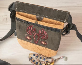 Brown Faux Suede Fanny Pack, Embroidered Deer, Cell Phone Hip Bag
