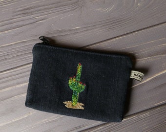 Zipper Coin purse - christmas cactus, Denim change purse