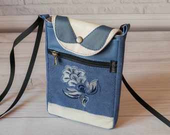 Women's Crossbody purse for Cell phone, Small Smartphone Shoulder Strap bag with three-compartment, Blue Faux Suede Snake / White Leather