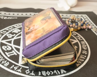 Zippered Tarot Card Deck Holder, Waterproof Polyester Jacquard, Black and Purple