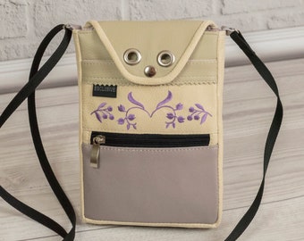 Small crossbody cell phone bag for Women with three-compartment, Beige Faux Suede Snake / Purple Leather purse