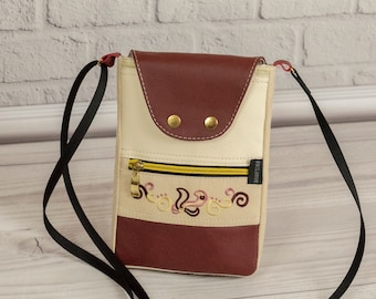 Burgundy Crossbody Cell phone purse for Women, Small Smartphone bag with three-compartment and Shoulder Strap