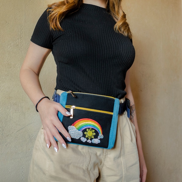 Rainbow Hip belt bag, Fanny pack for Women, Waist purse - Teal Velvet / Black Denim