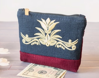 Velvet coin purse, Small change pouch Two zippers