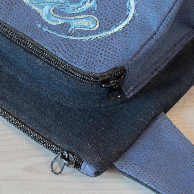 May include: Close-up of a blue zippered pouch with a black zipper pull. The pouch has a textured surface and a black zipper.