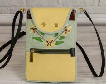 Women's Crossbody purse for Cell phone, Small Smartphone Shoulder Strap bag, Turquoise Faux Suede Snake / Yellow Leather