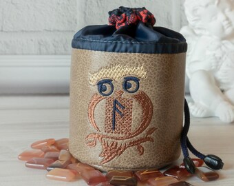 Cylindrical leatherette case for storing runes, crystals, and dice / Case with an owl image