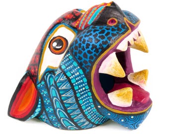 Small Jaguar Head (Blue) - Oaxacan Alebrije Wood Carving