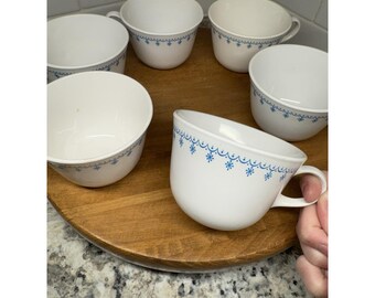 Corelle Snowflake Blue Teacups. Vintage. Corning. Set Of 6.